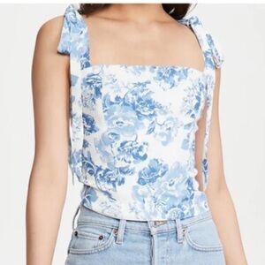 Reformation Blue and White Smocked Tie Front Tank Top size 10